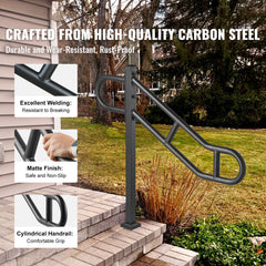 Single Post Handrail for Outdoor 1-3 Steps, 40.5" L x 35.4" H Metal Bent Stair Handrails, Floor Mounted Carbon Steel Stair Railing, U-Shaped Post Grab Rails with 2 Anti-Skid Crossbar for Garage