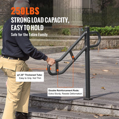 Single Post Handrail for Outdoor 1-3 Steps, 40.5" L x 35.4" H Metal Bent Stair Handrails, Floor Mounted Carbon Steel Stair Railing, U-Shaped Post Grab Rails with 2 Anti-Skid Crossbar for Garage