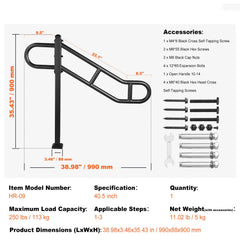 Single Post Handrail for Outdoor 1-3 Steps, 40.5" L x 35.4" H Metal Bent Stair Handrails, Floor Mounted Carbon Steel Stair Railing, U-Shaped Post Grab Rails with 2 Anti-Skid Crossbar for Garage