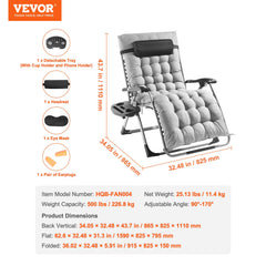 Zero Gravity Chair, 33 inch Zero Gravity Recliner Lounge Chair for Indoor and Outdoor, Adjustable Anti Gravity Chair with Cushion, Headrest, Footrest, and Cupholder, 500 lbs, Gray