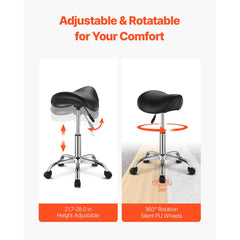 Saddle Rolling Stool, PU Leather Rolling Stool with Wheels, 360° Swivel Drafting Stool with Thickened Cushion, Height Adjustable Rolling Work SPA Stool, for Office, Home, Salon & Bar, Black