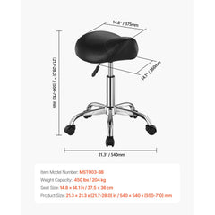 Saddle Rolling Stool, PU Leather Rolling Stool with Wheels, 360° Swivel Drafting Stool with Thickened Cushion, Height Adjustable Rolling Work SPA Stool, for Office, Home, Salon & Bar, Black