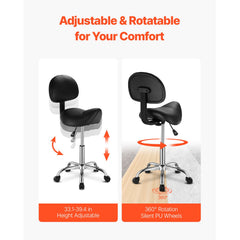 Saddle Rolling Stool, PU Leather Rolling Stool with Backrest, 360° Swivel Drafting Stool with Thickened Cushion, Height Adjustable Rolling Work SPA Stool, for Office, Home, Salon & Bar, Black