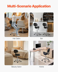 Saddle Rolling Stool, PU Leather Rolling Stool with Backrest, 360° Swivel Drafting Stool with Thickened Cushion, Height Adjustable Rolling Work SPA Stool, for Office, Home, Salon & Bar, Black