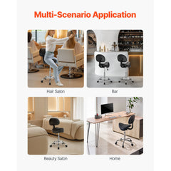 Saddle Rolling Stool, PU Leather Rolling Stool with Backrest, 360° Swivel Drafting Stool with Thickened Cushion, Height Adjustable Rolling Work SPA Stool, for Office, Home, Salon & Bar, Black