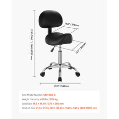 Saddle Rolling Stool, PU Leather Rolling Stool with Backrest, 360° Swivel Drafting Stool with Thickened Cushion, Height Adjustable Rolling Work SPA Stool, for Office, Home, Salon & Bar, Black