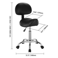 Saddle Rolling Stool, PU Leather Rolling Stool with Backrest, 360° Swivel Drafting Stool with Thickened Cushion, Height Adjustable Rolling Work SPA Stool, for Office, Home, Salon & Bar, Black