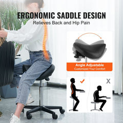 Saddle Stool with Wheels, 400 LBS Weight Capacity Ergonomic Rolling Saddle Stool, Height Adjustable Thickened PU Leather Swivel Saddle Stools Chair for Salon, Spa, Tattoo, Clinic, Black