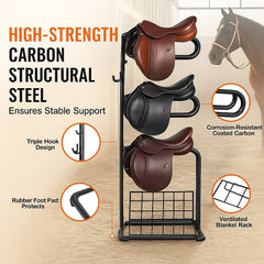 Freestanding Saddle Stand, 30 x 30 x 68.5 in, 3 Tiers Saddle Rack, Heavy Duty Saddle Blanket Holder with Removable & Rotating Tiers, English & Western Saddle Rack for Tack Room Organization