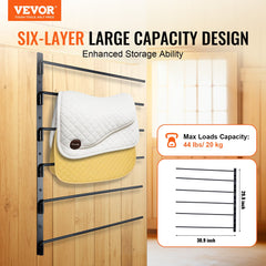 Wall Mounted Saddle Rack, 30.9 x 29.9 x 5.5 in, Swing Out Saddle Holder, Six Tiers Horse Saddle Stand, Space Saving Horse Pad and Blanket Rack for Tack Room Organization Trailer Accessories