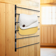 Wall Mounted Saddle Rack, 30.9 x 29.9 x 5.5 in, Swing Out Saddle Holder, Six Tiers Horse Saddle Stand, Space Saving Horse Pad and Blanket Rack for Tack Room Organization Trailer Accessories