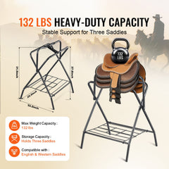 Folding Saddle Rack, 28 x 19 x 37.5 in, Freestanding Horse Saddle Stand, Portable Horse Blanket Holder, Heavy Duty Steel Saddle Rack for English & Western Saddles, Tack Storage, Black