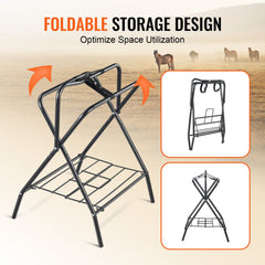 Folding Saddle Rack, 28 x 19 x 37.5 in, Freestanding Horse Saddle Stand, Portable Horse Blanket Holder, Heavy Duty Steel Saddle Rack for English & Western Saddles, Tack Storage, Black