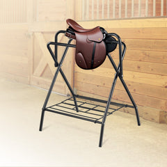Folding Saddle Rack, 28 x 19 x 37.5 in, Freestanding Horse Saddle Stand, Portable Horse Blanket Holder, Heavy Duty Steel Saddle Rack for English & Western Saddles, Tack Storage, Black