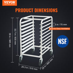 Bun Pan Rack, 10-Tier Commercial Bakery Racks with Brake Wheels, Aluminum Racking Trolley Storage for Half & Full Sheet, Speed Rack For Kitchen Home, Bread Baking Equipment, 660x515x985 mm