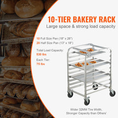 Bun Pan Rack, 10-Tier Commercial Bakery Racks with Brake Wheels, Aluminum Racking Trolley Storage for Half & Full Sheet, Speed Rack For Kitchen Home, Bread Baking Equipment, 660x515x985 mm