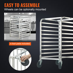 Bun Pan Rack, 10-Tier Commercial Bakery Racks with Brake Wheels, Aluminum Racking Trolley Storage for Half & Full Sheet, Speed Rack For Kitchen Home, Bread Baking Equipment, 660x515x985 mm