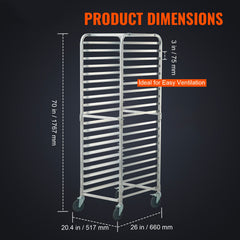 Bun Pan Rack, 20-Tier Commercial Bakery Racks with Brake Wheels, Aluminum Racking Trolley Storage for Half & Full Sheet, Speed Rack For Kitchen Home, Bread Baking Equipment, 660x517x1767 mm