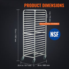 Bun Pan Rack, 20-Tier Commercial Bakery Racks with Brake Wheels, Aluminum Racking Trolley Storage for Half & Full Sheet, Speed Rack For Kitchen Home, Bread Baking Equipment, 660x517x1767 mm