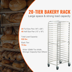 Bun Pan Rack, 20-Tier Commercial Bakery Racks with Brake Wheels, Aluminum Racking Trolley Storage for Half & Full Sheet, Speed Rack For Kitchen Home, Bread Baking Equipment, 660x517x1767 mm