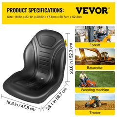 Tractor Seat High Back Mower Seat Black Vinyl Forklift Drain Hole Pair