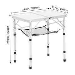 Folding Camping Table, Adjustable Height Portable Side Tables, Aluminum MDF Beach Table with Mesh Layer, Carrying Handle, Lightweight Compact for Outdoor Picnic BBQ Cooking, 24x16in, Silver