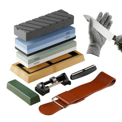 Whetstone Knife Sharpening Kit, 2 Dual-Sided Grit Whetstones 400/1000 3000/8000, 10PCS Knife Sharpener Kit with 3 Non-Slip Bases, Angle & Honing Guide, Flattening Stone for All Knives, Scissors