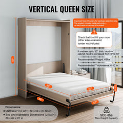 Murphy Bed Kit, Queen Size, Vertical Deluxe DIY Wall Bed Mechanical Hardware Kit, Pneumatic Lever Heavy Duty Bed Frame Support, Folding Cabinet Wall Bed Space Saving Design for Guestroom