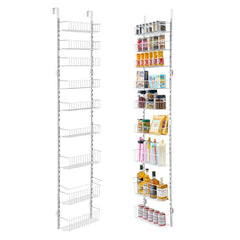 Over the Door Pantry Organizer, 9-Tier Pantry Organization and Storage, Heavy-Duty Steel Hanging Spice Rack, Adjustable Wall Seasoning Shelves, for Home Kitchen Laundry Room Bathroom, White