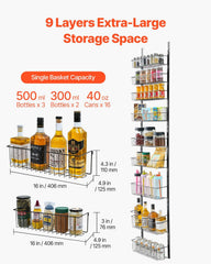 Over the Door Pantry Organizer, 9-Tier Pantry Organization and Storage, Heavy-Duty Steel Hanging Spice Rack, Adjustable Wall Seasoning Shelves, for Home Kitchen Laundry Room Bathroom, Black