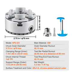 KP2-3/4 Lathe Chuck, 4-Jaw 70 mm Diameter, Metal Lathe Chuck Turning Machine Accessories, Self-centering Tool, for Lathe, Precision Machining, Grinding Machines, Milling Machines