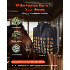 Hay Bag for Horses, 55 x 18.5 x 64 cm, 46 x 46 mm Holes, Premium Nylon Construction with PVC Waterproof Coating, Adjustable Hanging Straps and Metal Hooks, Slow Feed Hay Bag for Horses