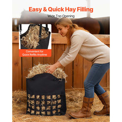 Hay Bag for Horses, 55 x 18.5 x 64 cm, 46 x 46 mm Holes, Premium Nylon Construction with PVC Waterproof Coating, Adjustable Hanging Straps and Metal Hooks, Slow Feed Hay Bag for Horses