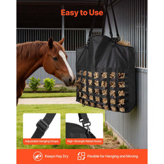Hay Bag for Horses, 55 x 18.5 x 64 cm, 46 x 46 mm Holes, Premium Nylon Construction with PVC Waterproof Coating, Adjustable Hanging Straps and Metal Hooks, Slow Feed Hay Bag for Horses