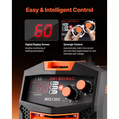 MIG Welder, 130A Synergic Mig Welding Machine, 2-in-1 Gas MIG/Gasless Flux Core MIG Multi-Process Welder Machine, Portable Mig Welder with IGBT Inverter Technology & Digital Display Screen