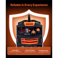 MIG Welder, 130A Synergic Mig Welding Machine, 2-in-1 Gas MIG/Gasless Flux Core MIG Multi-Process Welder Machine, Portable Mig Welder with IGBT Inverter Technology & Digital Display Screen