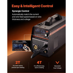 MIG Welder, 160A Synergic Mig Welding Machine, 4-in-1 Gas MIG/Flux Core MIG/Stick/Lift TIG Multi-Process Welder Machine with IGBT Inverter Technology and LCD Screen Display