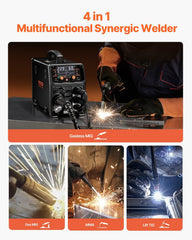 MIG Welder, 200A Synergic Mig Welding Machine, 4-in-1 Gas MIG/Flux Core MIG/Stick/Lift TIG Multi-Process Welder Machine with IGBT Inverter Technology and LCD Screen Display