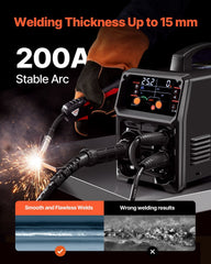 MIG Welder, 200A Synergic Mig Welding Machine, 4-in-1 Gas MIG/Flux Core MIG/Stick/Lift TIG Multi-Process Welder Machine with IGBT Inverter Technology and LCD Screen Display