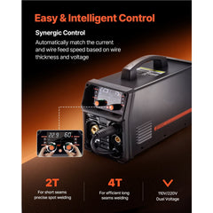 MIG Welder, 200A Synergic Mig Welding Machine, 4-in-1 Gas MIG/Flux Core MIG/Stick/Lift TIG Multi-Process Welder Machine with IGBT Inverter Technology and LCD Screen Display