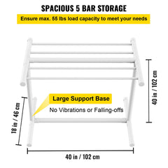 Pool Towel Rack, 5 Bar, White, Freestanding Outdoor PVC T-Shape Poolside Storage Organizer, Include 8 Towel Clips, Mesh Bag, Hook, Also Stores Floats and Paddles, for Beach, Swimming Pool, Home