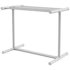 Pool Towel Rack, 5 Bar, White, Freestanding Outdoor PVC T-Shape Poolside Storage Organizer, Include 8 Towel Clips, Mesh Bag, Hook, Also Stores Floats and Paddles, for Beach, Swimming Pool, Home