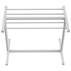 Pool Towel Rack, 5 Bar, White, Freestanding Outdoor PVC T-Shape Poolside Storage Organizer, Include 8 Towel Clips, Mesh Bag, Hook, Also Stores Floats and Paddles, for Beach, Swimming Pool, Home