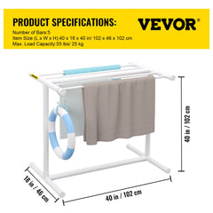 Pool Towel Rack, 5 Bar, White, Freestanding Outdoor PVC T-Shape Poolside Storage Organizer, Include 8 Towel Clips, Mesh Bag, Hook, Also Stores Floats and Paddles, for Beach, Swimming Pool, Home