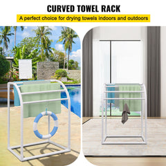 Pool Towel Rack, 5 Bar, Milky, Freestanding Outdoor PVC Curved Poolside Storage Organizer, Include 8 Towel Clips, Mesh Bag, Hook, Also Stores Floats and Paddles, for Beach, Swimming Pool, Home