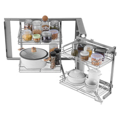 18"W Opening Blind Corner Pull Out Organizer, 2 Tier 4 Shelf Kitchen Cabinet Organizer, Magic Chrome Carbon Steel Storage Basket, Slide Out Storage Organizer, Left & Right Open Compatible
