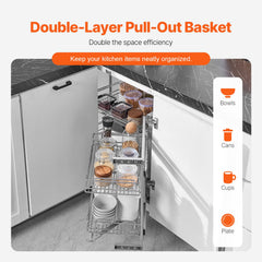 18"W Opening Blind Corner Pull Out Organizer, 2 Tier 4 Shelf Kitchen Cabinet Organizer, Magic Chrome Carbon Steel Storage Basket, Slide Out Storage Organizer, Left & Right Open Compatible