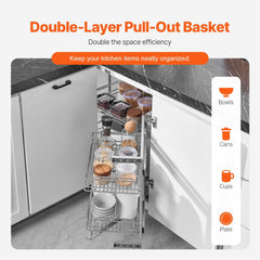18"W Opening Blind Corner Pull Out Organizer, 2 Tier 4 Shelf Kitchen Cabinet Organizer, Magic Chrome Carbon Steel Storage Basket, Slide Out Storage Organizer, Left & Right Open Compatible