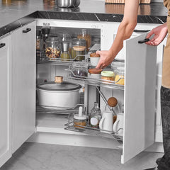 18"W Opening Blind Corner Pull Out Organizer, 2 Tier 4 Shelf Kitchen Cabinet Organizer, Magic Chrome Carbon Steel Storage Basket, Slide Out Storage Organizer, Left & Right Open Compatible