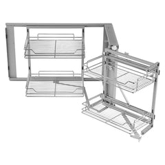 18"W Opening Blind Corner Pull Out Organizer, 2 Tier 4 Shelf Kitchen Cabinet Organizer, Magic Chrome Carbon Steel Storage Basket, Slide Out Storage Organizer, Left & Right Open Compatible